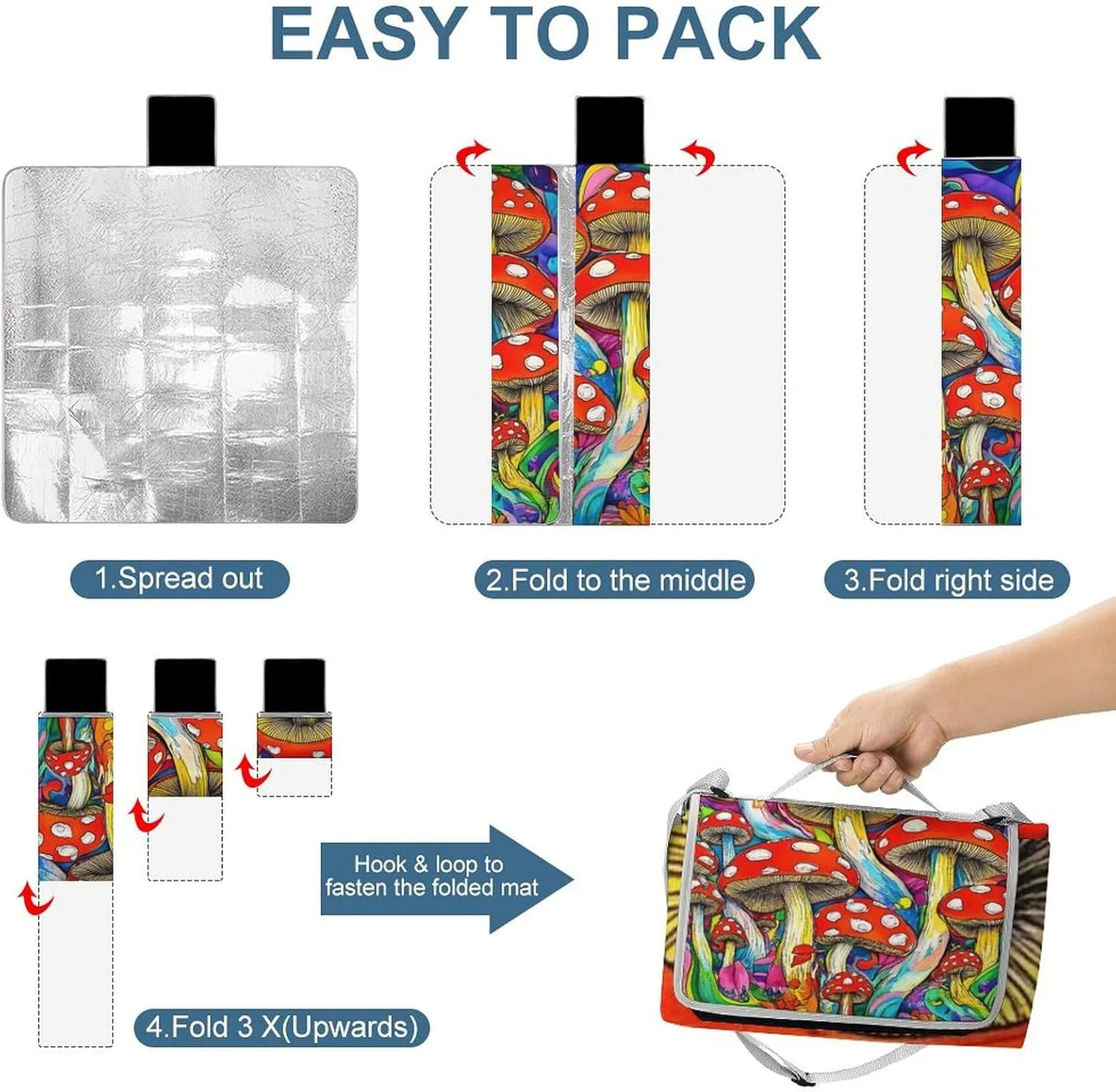 Waterproof Colorful Mushrooms Art Picnic Blanket with Strap, Foldable and Portable Mat for Indoor Family, Beach, Park, Travel, Camping