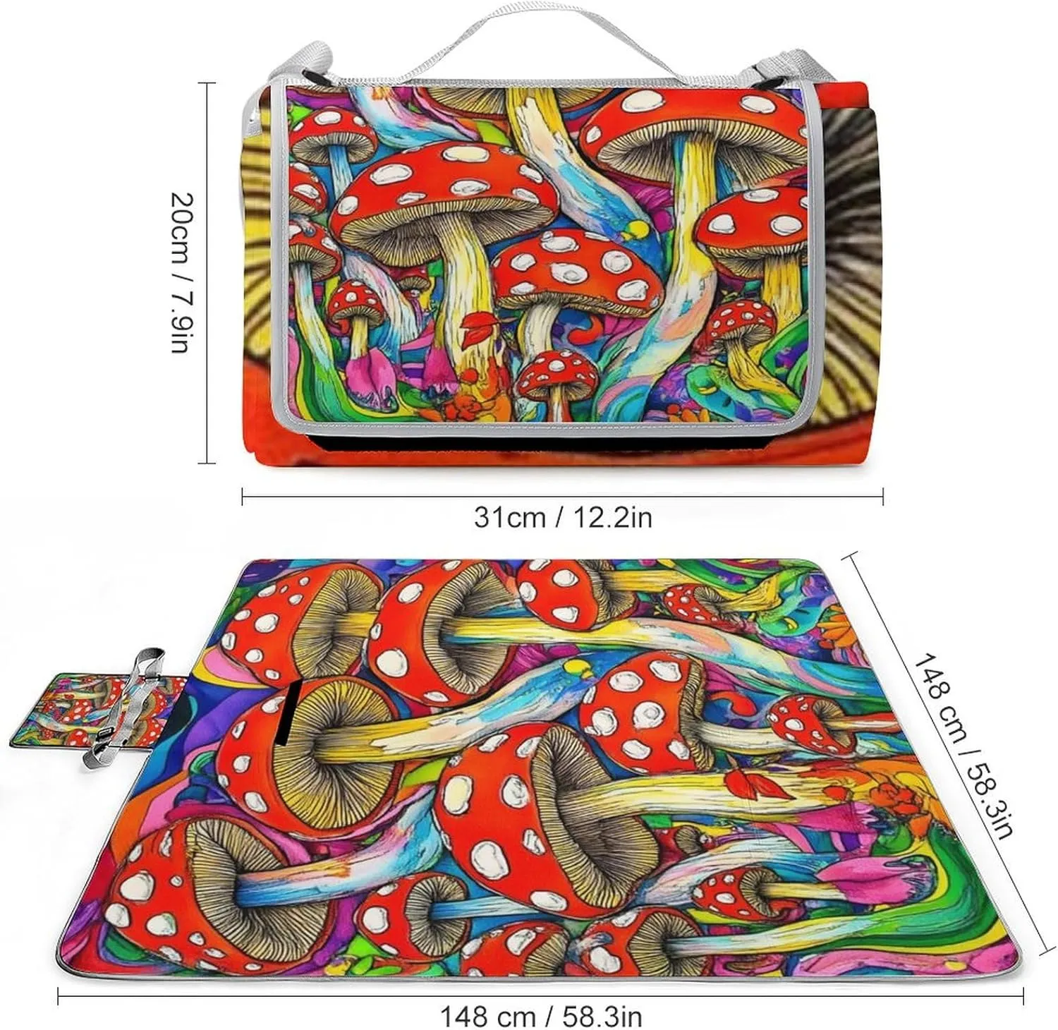 Waterproof Colorful Mushrooms Art Picnic Blanket with Strap, Foldable and Portable Mat for Indoor Family, Beach, Park, Travel, Camping