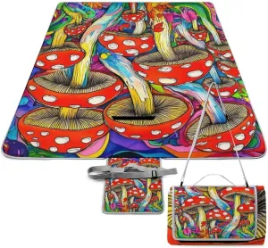 Waterproof Colorful Mushrooms Art Picnic Blanket with Strap, Foldable and Portable Mat for Indoor Family, Beach, Park, Travel, Camping