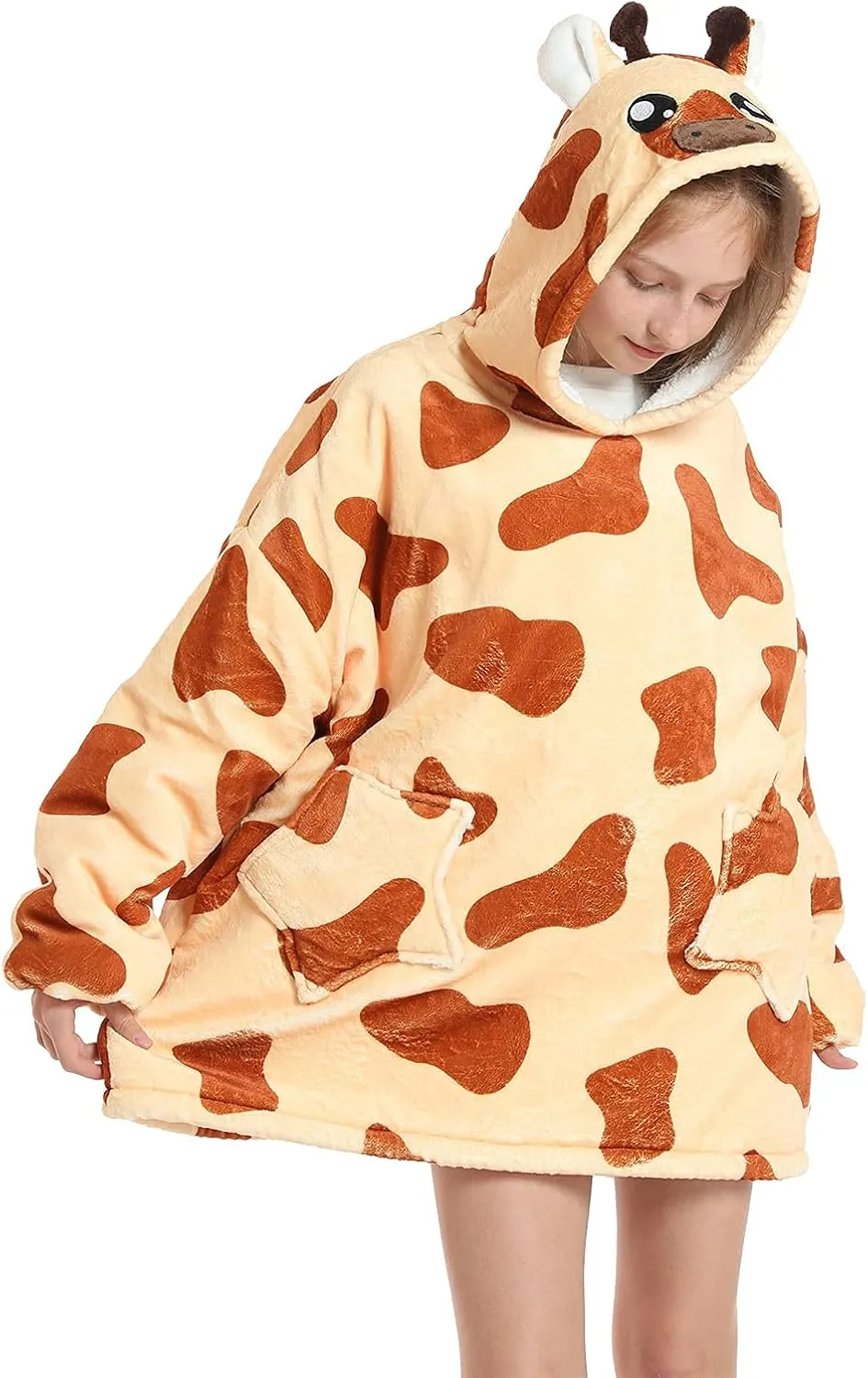 Wearable Blanket Hoodie for Kids 4-12YR Oversized Animal Hooded Blanket Super Soft Comfortable Warm Flannel Giraffe