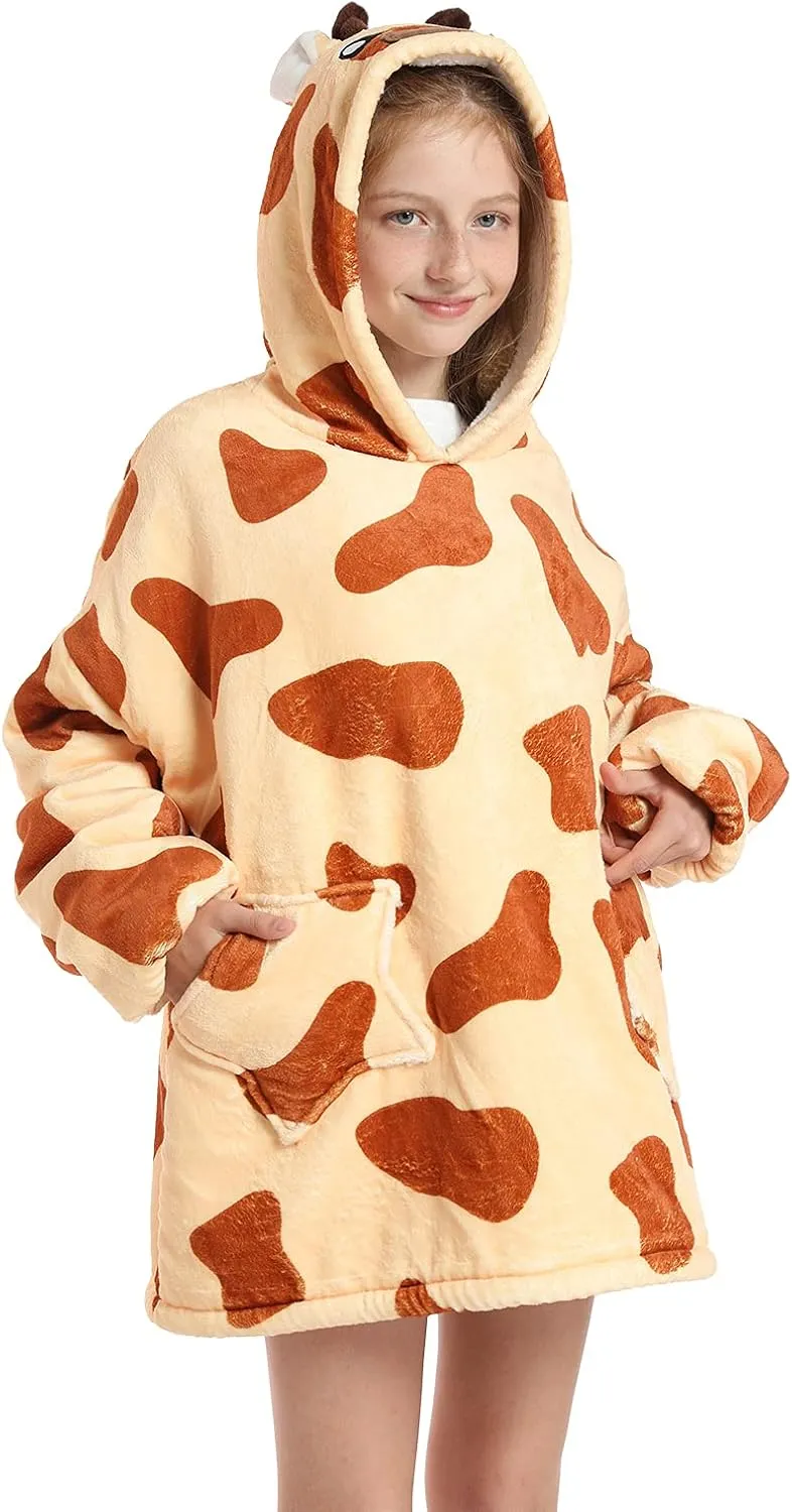 Wearable Blanket Hoodie for Kids 4-12YR Oversized Animal Hooded Blanket Super Soft Comfortable Warm Flannel Giraffe