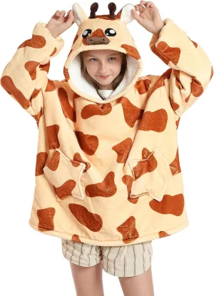 Wearable Blanket Hoodie for Kids 4-12YR Oversized Animal Hooded Blanket Super Soft Comfortable Warm Flannel Giraffe