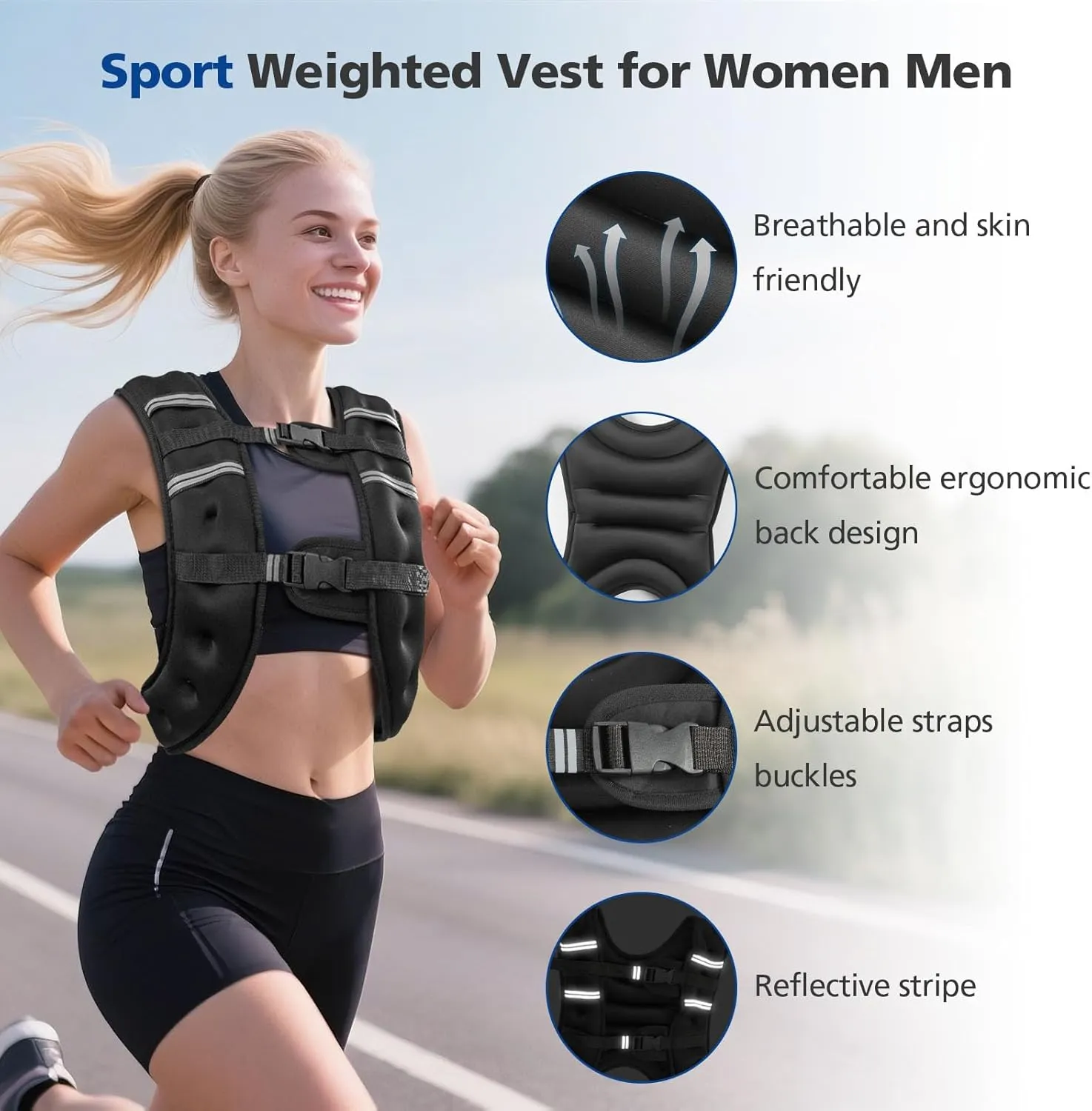 Weighted Vest 8/12/16/20 Lb Weight Vest for Woman Men Sport Weighted Vest with Reflective Stripe Adjustable Buckle Straps Back Mesh Pocket for Workout Strength Training Walking Running
