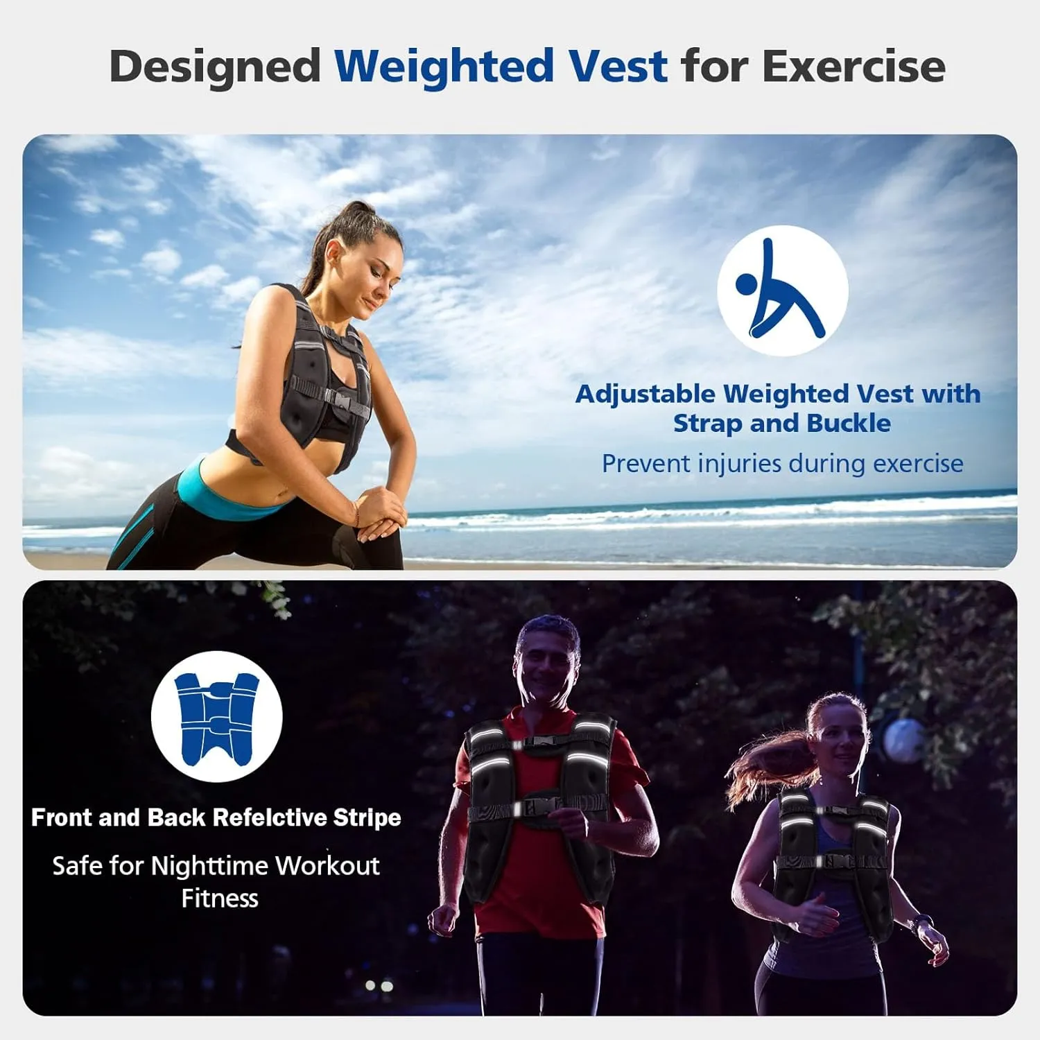 Weighted Vest 8/12/16/20 Lb Weight Vest for Woman Men Sport Weighted Vest with Reflective Stripe Adjustable Buckle Straps Back Mesh Pocket for Workout Strength Training Walking Running