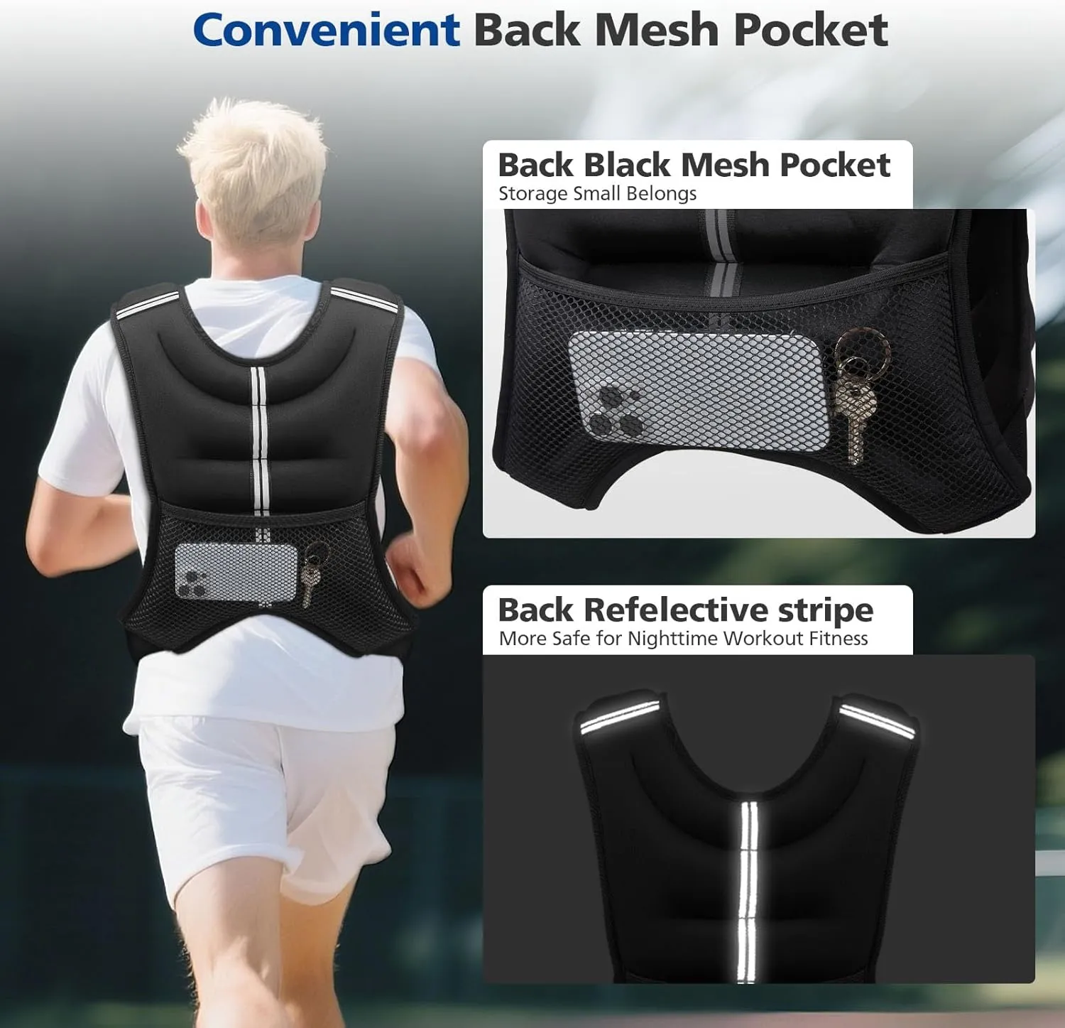Weighted Vest 8/12/16/20 Lb Weight Vest for Woman Men Sport Weighted Vest with Reflective Stripe Adjustable Buckle Straps Back Mesh Pocket for Workout Strength Training Walking Running