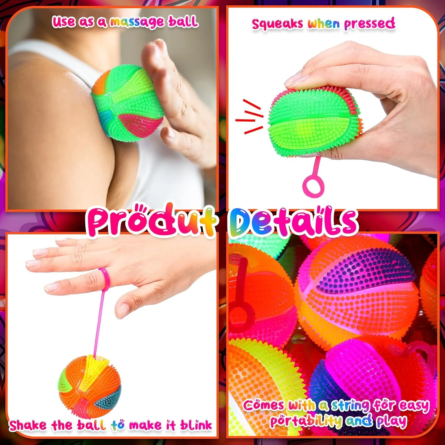 Wettarn 24 Pcs 2.6 Inch Bouncy Light up Ball LED Flashing Spiky Sensory Stress Balls Fidget Sensory Glow Toys Carnival Prizes Bulk Party Favor Valentine Gifts Autistic Pride Day(Basketball)