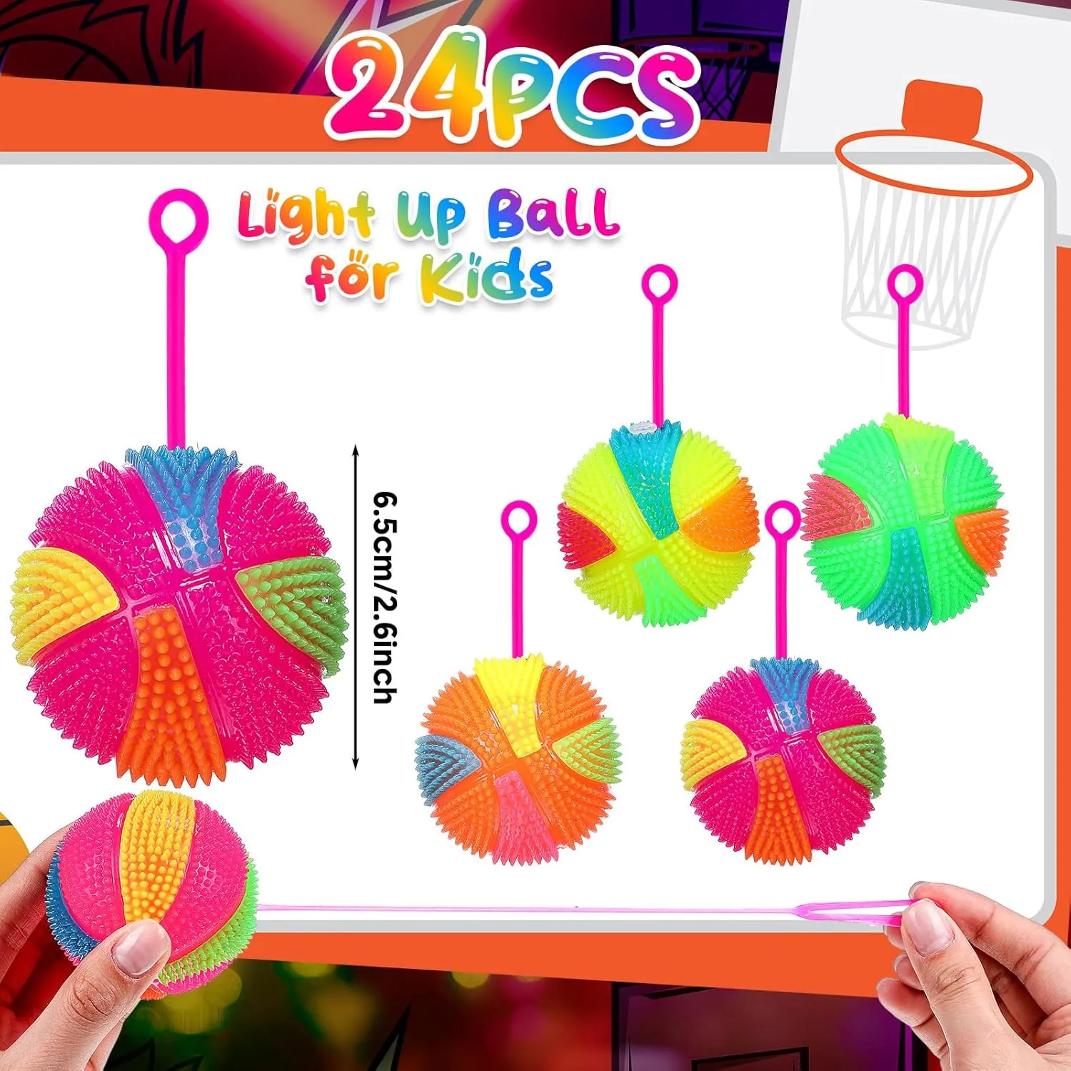 Wettarn 24 Pcs 2.6 Inch Bouncy Light up Ball LED Flashing Spiky Sensory Stress Balls Fidget Sensory Glow Toys Carnival Prizes Bulk Party Favor Valentine Gifts Autistic Pride Day(Basketball)