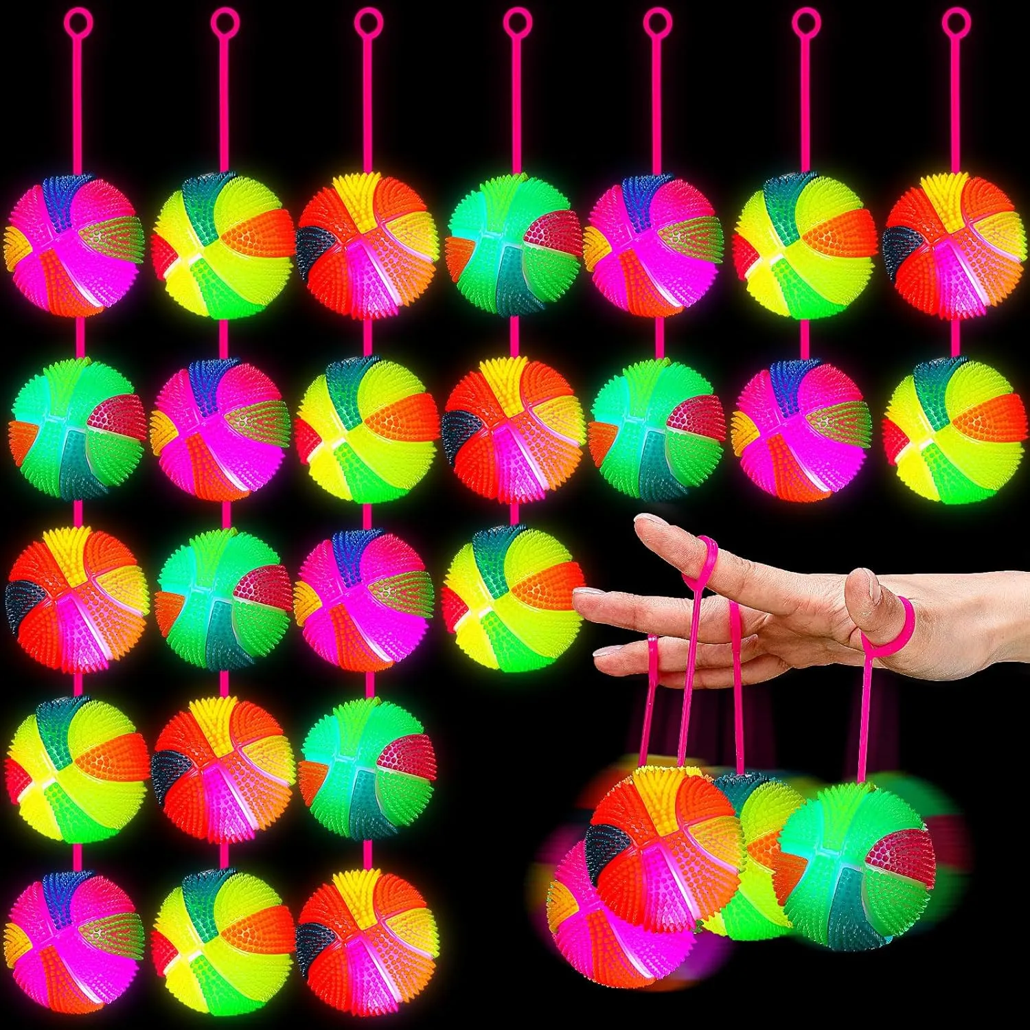 Wettarn 24 Pcs 2.6 Inch Bouncy Light up Ball LED Flashing Spiky Sensory Stress Balls Fidget Sensory Glow Toys Carnival Prizes Bulk Party Favor Valentine Gifts Autistic Pride Day(Basketball)