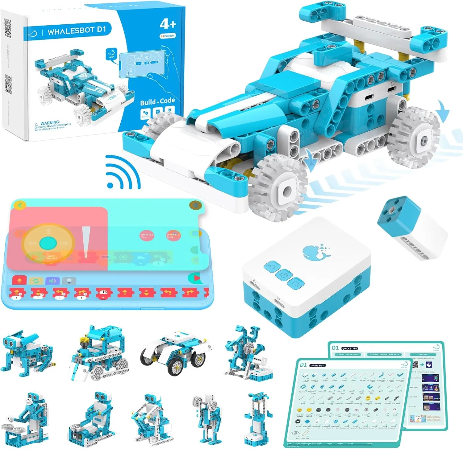 WhalesBot D1 21-in-1 Coding Robot Kit, 280  Pieces, APP-Controlled, 3D Tutorials, Educational Toy for Kids 4-10