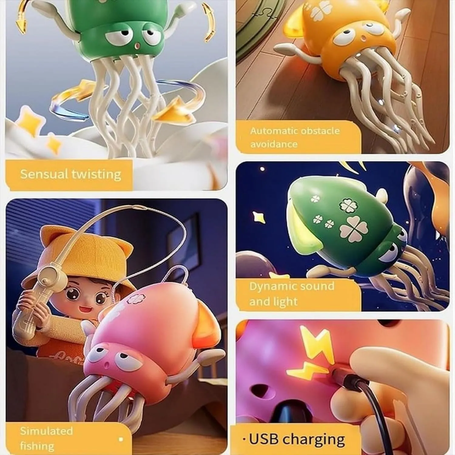 Wiggly Wonder Octopus, Smart Tentacle Explorer, Electric Dancing Octopus Toy, Rechargeable USB Squid, with Fishing Rod, Electric Crawling Magic with Lights & Music Sensor (Green)