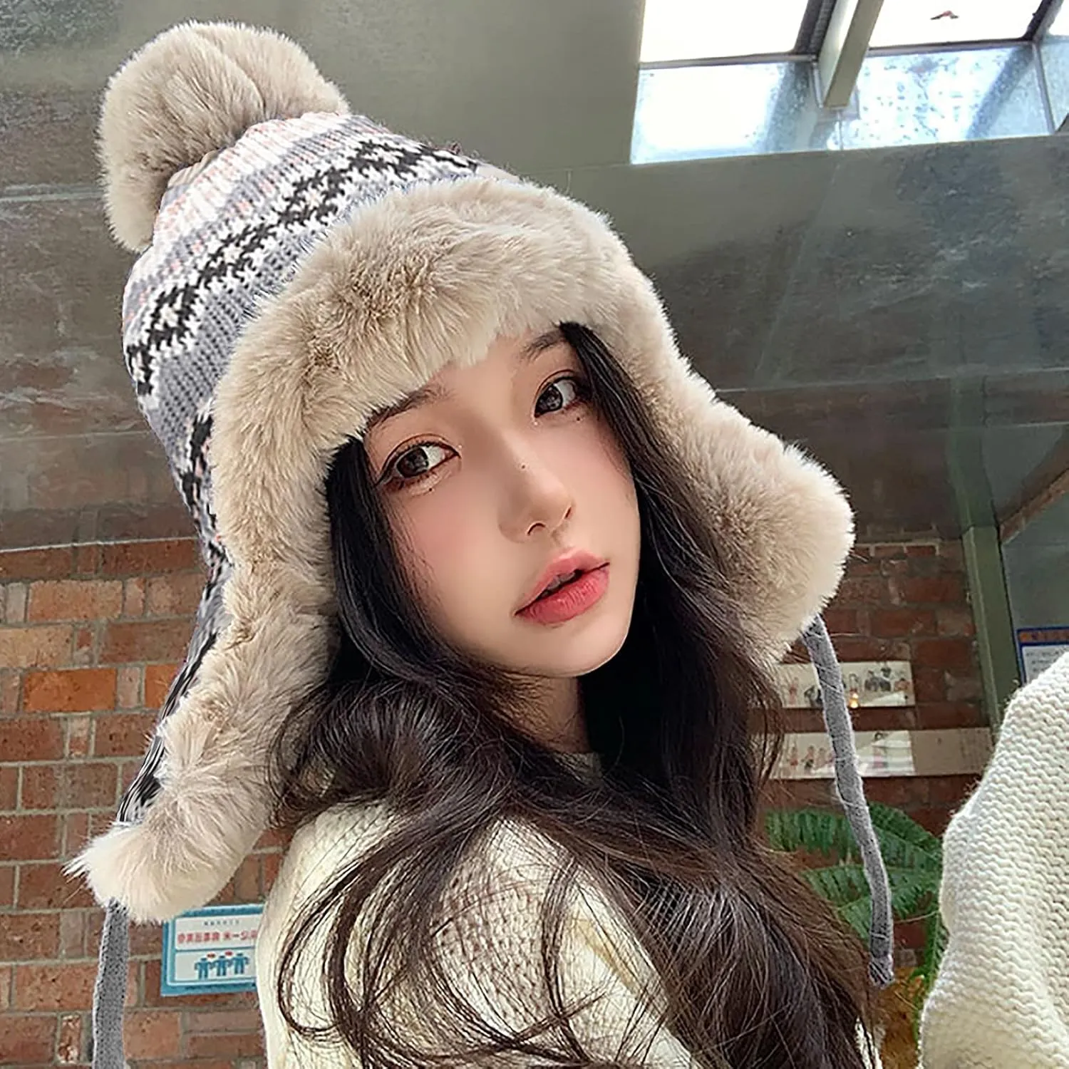 Women Winter Beanie Hat Thick Fleece Lined Warm Earflap Trapper Hat Pom Pom Jacquard Knited Outdoor Ski Snow Cap