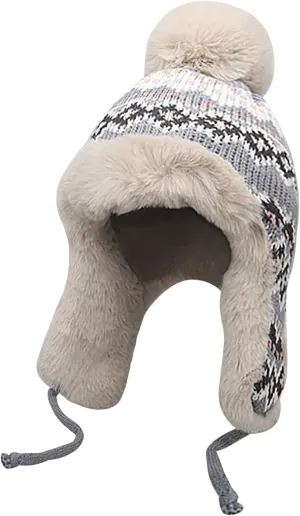 Women Winter Beanie Hat Thick Fleece Lined Warm Earflap Trapper Hat Pom Pom Jacquard Knited Outdoor Ski Snow Cap