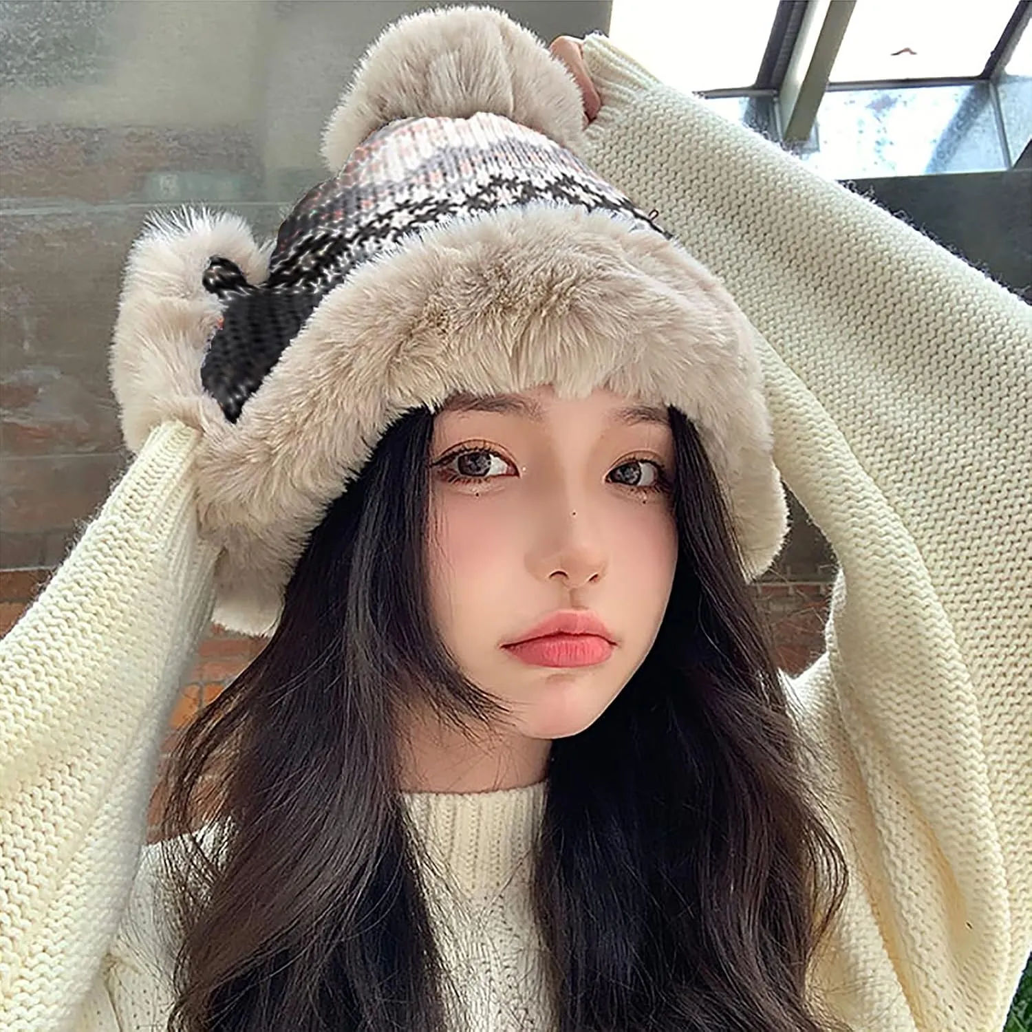 Women Winter Beanie Hat Thick Fleece Lined Warm Earflap Trapper Hat Pom Pom Jacquard Knited Outdoor Ski Snow Cap