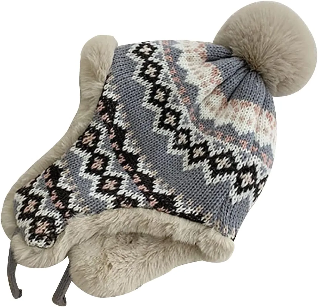 Women Winter Beanie Hat Thick Fleece Lined Warm Earflap Trapper Hat Pom Pom Jacquard Knited Outdoor Ski Snow Cap