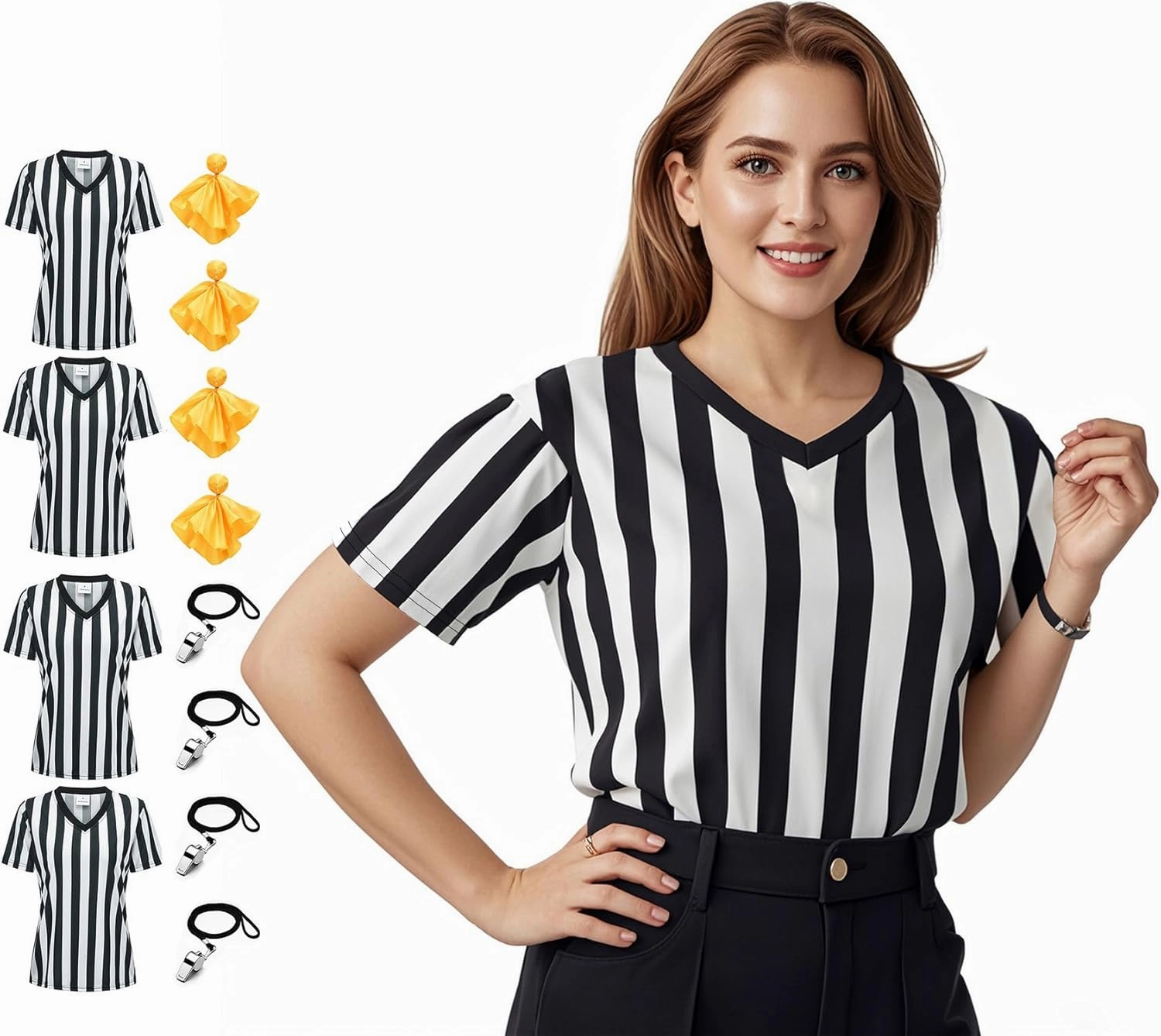 Women's Official Black & White Strip Referee Shirt V-Neck Referee Jersey, Ref Whistle 12Pcs Set Refs