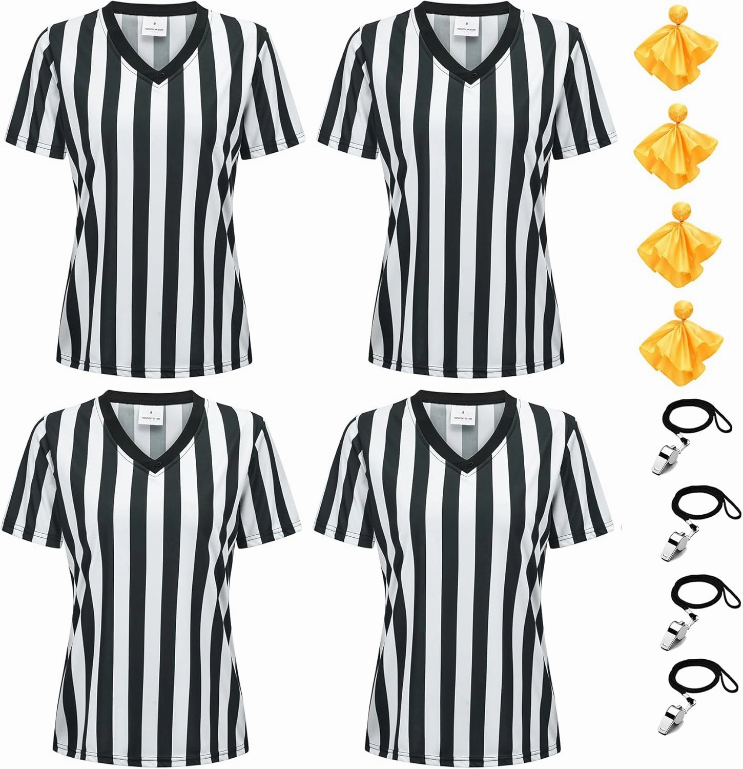 Women's Official Black & White Strip Referee Shirt V-Neck Referee Jersey, Ref Whistle 12Pcs Set Refs