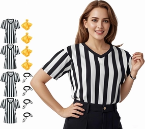 Women's Official Black & White Strip Referee Shirt V-Neck Referee Jersey, Ref Whistle 12Pcs Set Refs