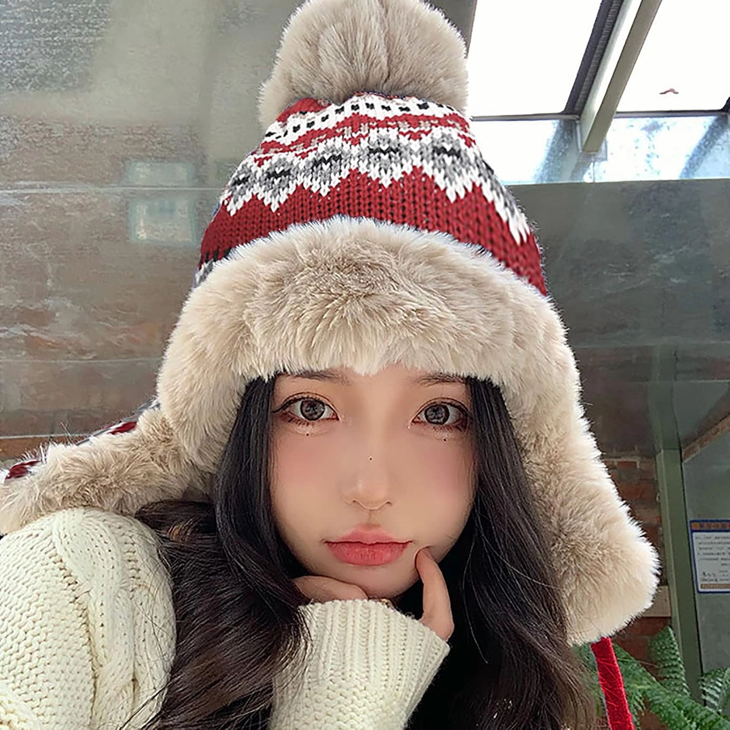 Women Winter Beanie Hat Thick Fleece Lined Warm Earflap Trapper Hat Pom Pom Jacquard Knited Outdoor Ski Snow Cap