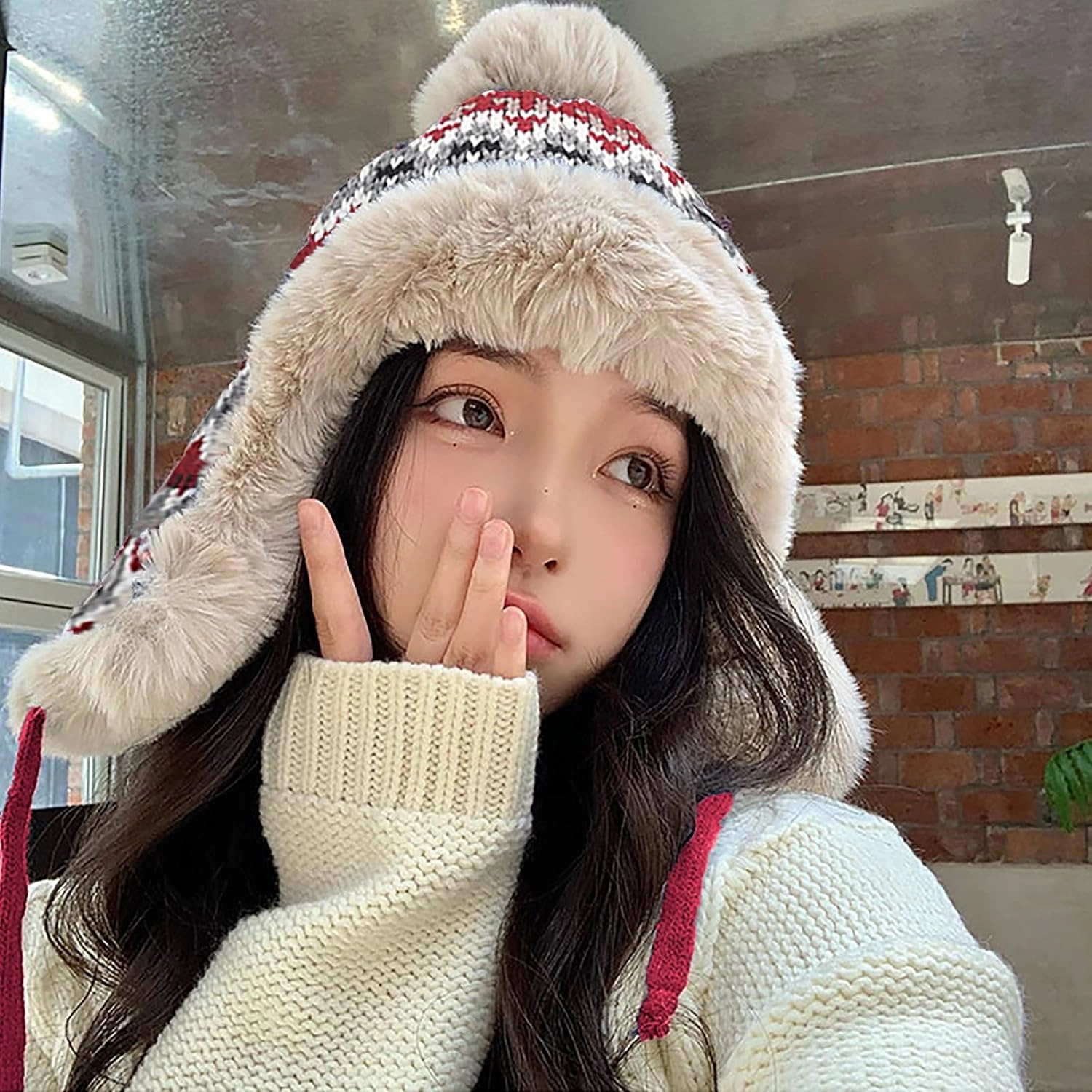 Women Winter Beanie Hat Thick Fleece Lined Warm Earflap Trapper Hat Pom Pom Jacquard Knited Outdoor Ski Snow Cap