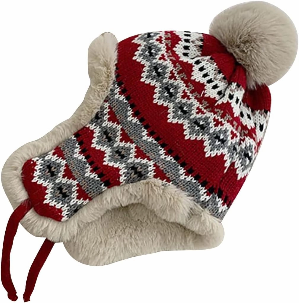 Women Winter Beanie Hat Thick Fleece Lined Warm Earflap Trapper Hat Pom Pom Jacquard Knited Outdoor Ski Snow Cap