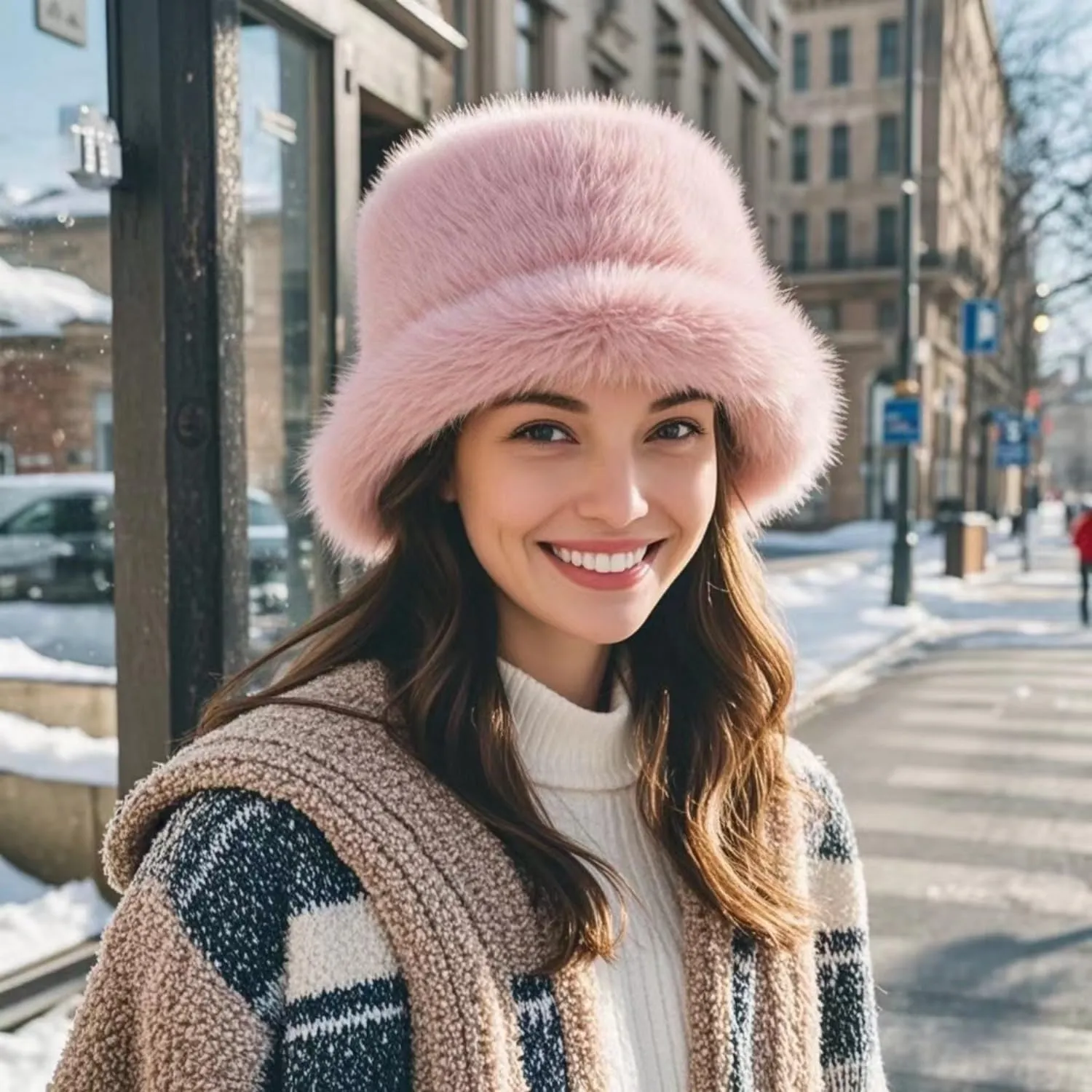 Women's Winter Faux Fur Fuzzy Warm Bucket Hat Furry Fisherman Plush Hats for Women