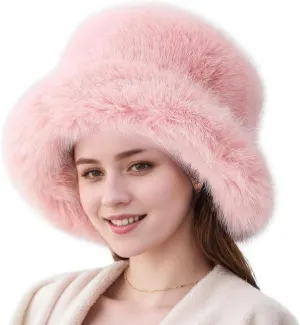 Women's Winter Faux Fur Fuzzy Warm Bucket Hat Furry Fisherman Plush Hats for Women