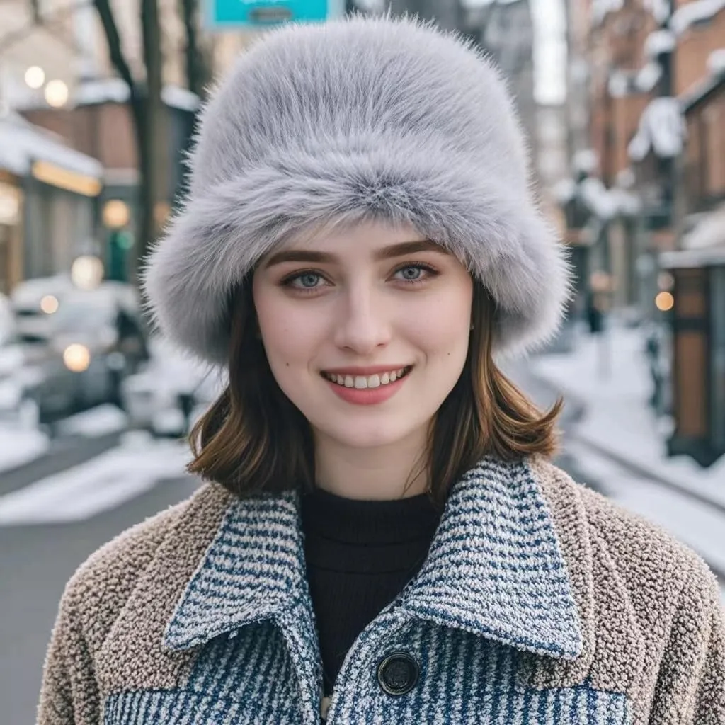 Women's Winter Faux Fur Fuzzy Warm Bucket Hat Furry Fisherman Plush Hats for Women