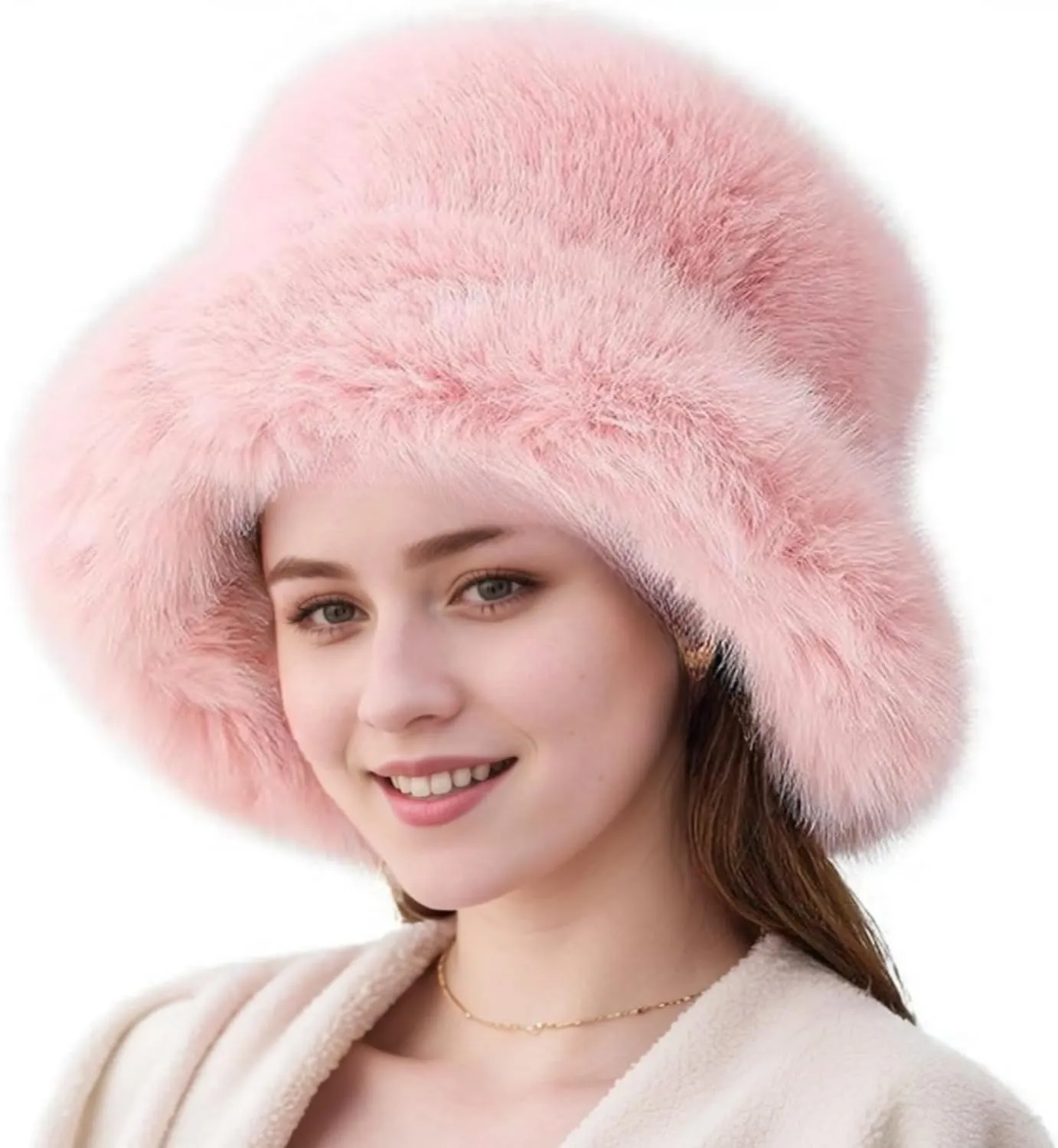 Women's Winter Faux Fur Fuzzy Warm Bucket Hat Furry Fisherman Plush Hats for Women