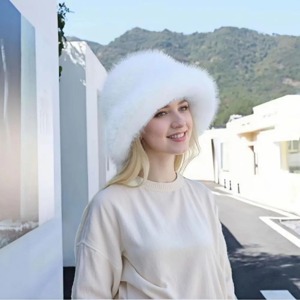 Women's Winter Faux Fur Fuzzy Warm Bucket Hat Furry Fisherman Plush Hats for Women