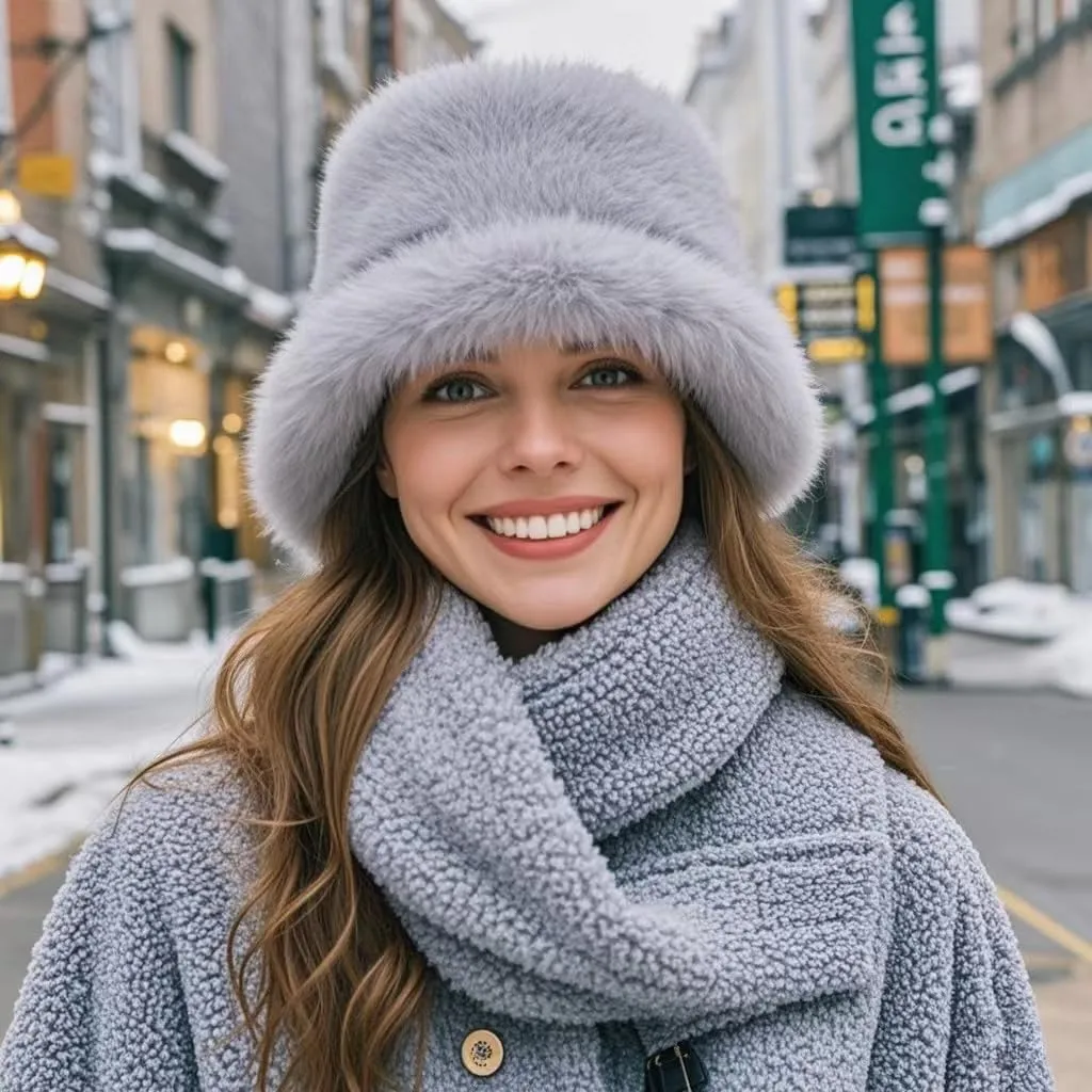Women's Winter Faux Fur Fuzzy Warm Bucket Hat Furry Fisherman Plush Hats for Women