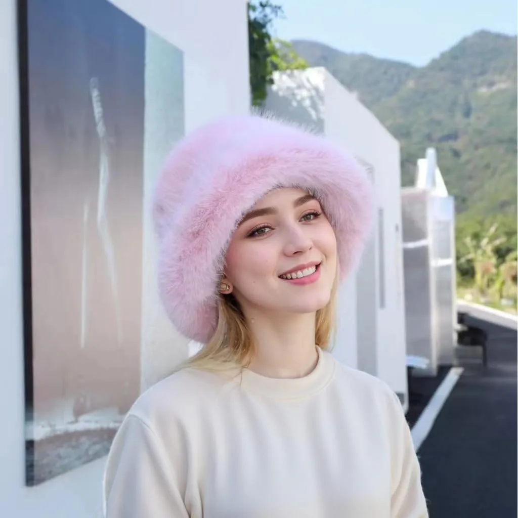 Women's Winter Faux Fur Fuzzy Warm Bucket Hat Furry Fisherman Plush Hats for Women