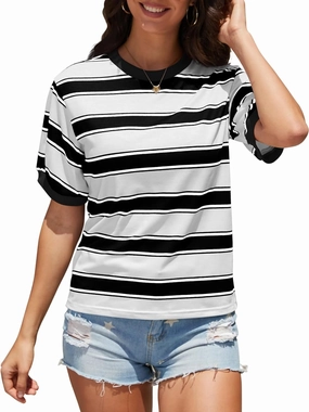 Womens Summer Tops Striped Color Block Short Sleeve T-Shirts Color Block Crewneck Casual Loose Basic Tee Blouses