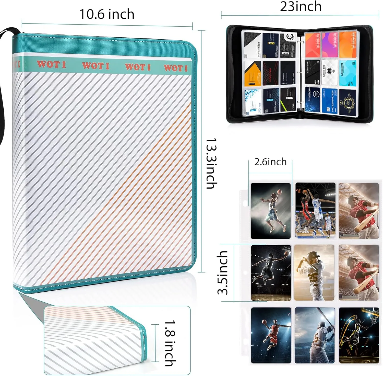 WOT I Customizable Card Binder with Clear Front-to-Side Cover, 900 Pocket Trading Card Binder with Double-Sided Sleeves & Zipper, Card Carrying Case for Baseball/Football Cards, Blue