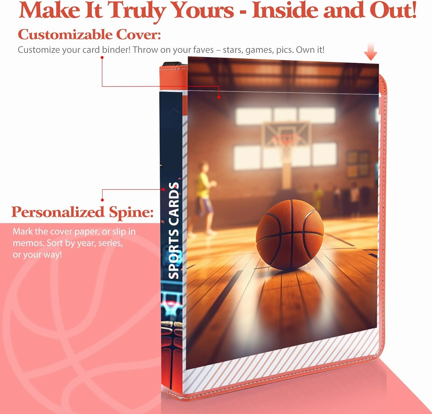WOT I Customizable Card Binder with Clear Front-to-Side Cover, 900 Pocket Trading Card Binder with Double-Sided Sleeves&Zipper, Card Carrying Case for Baseball/Football Cards, Orange