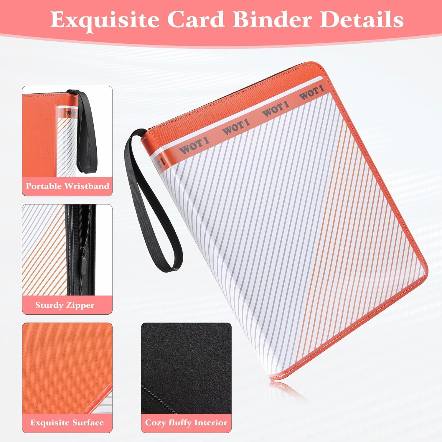 WOT I Customizable Card Binder with Clear Front-to-Side Cover, 900 Pocket Trading Card Binder with Double-Sided Sleeves&Zipper, Card Carrying Case for Baseball/Football Cards, Orange