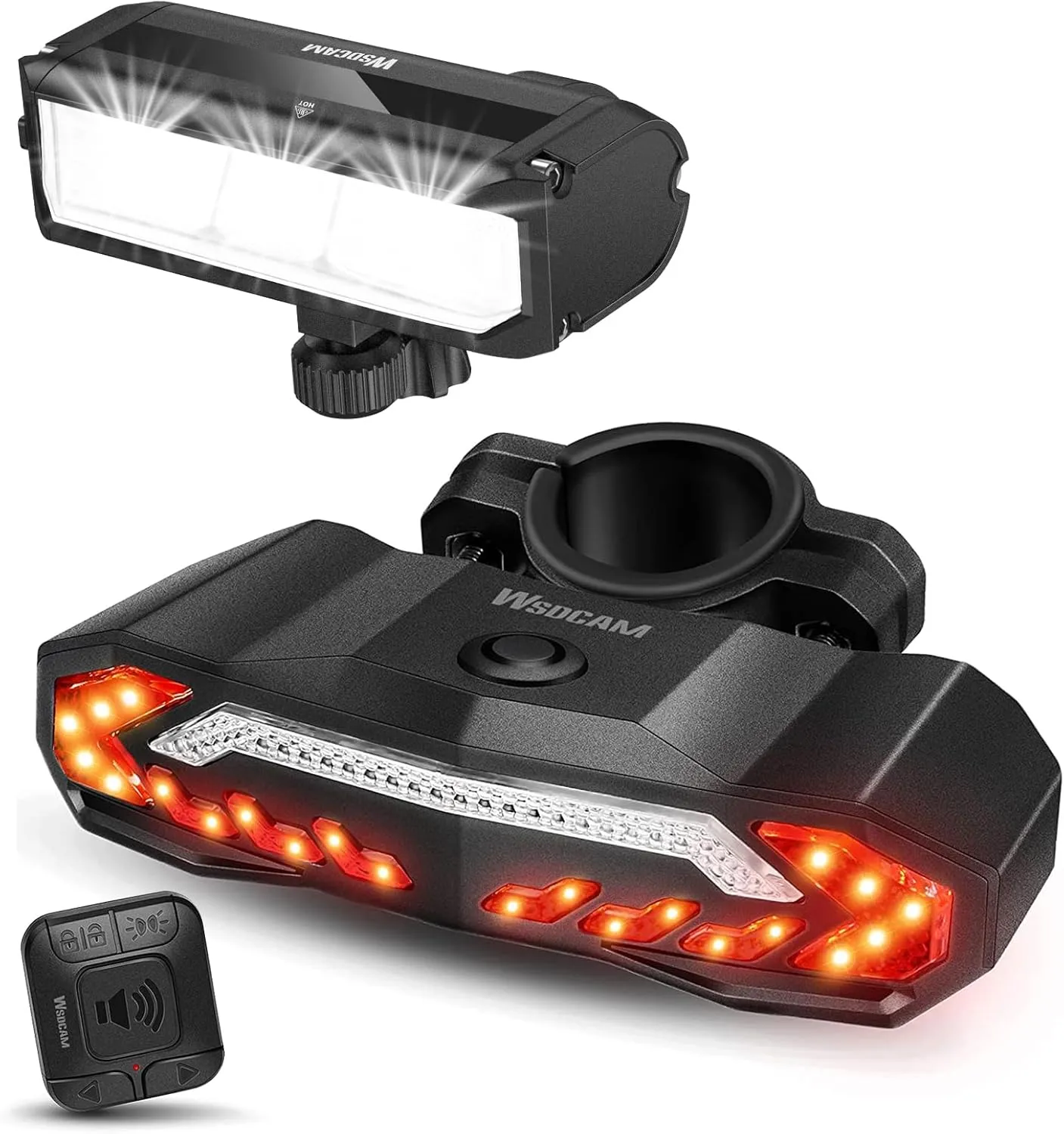 WSDCAM Bike Light Set with Bike Horn Alarm, Remote Control Bike Tail Light with Turn Signals and Brake Light Bike Alarm Horn, Bike Headlight for Night Riding, Rechargeable Rear and Front Bike Light