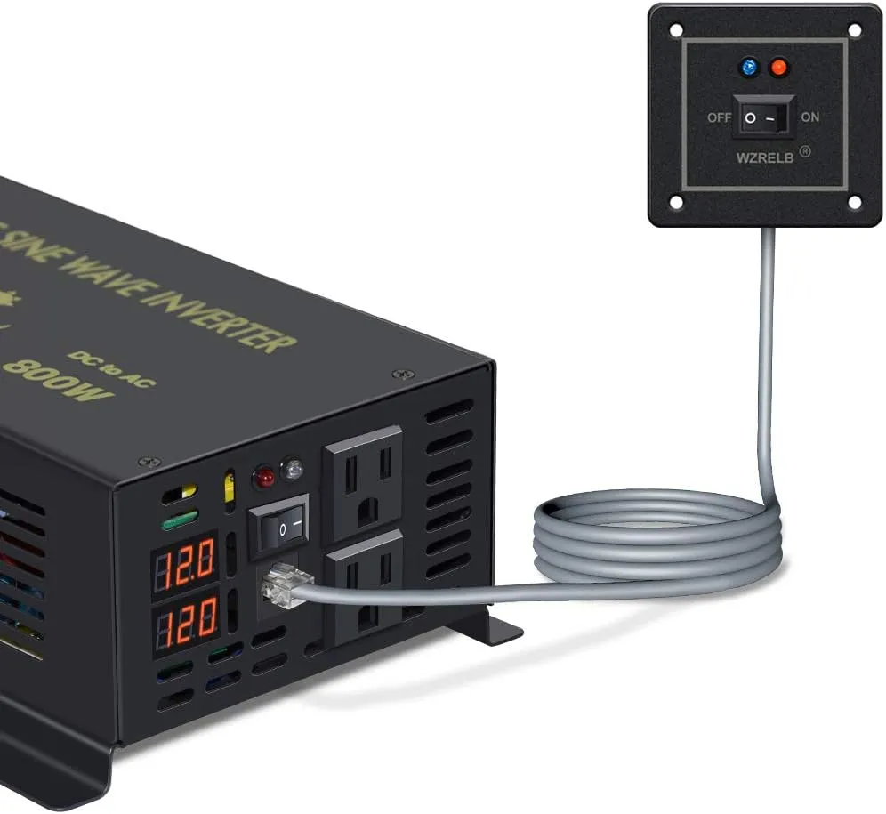 WZRELB 800W 12V 120V Pure Sine Wave Power Inverter with 2 AC Outlets Wired Remote Control (RBP-80012WR)
