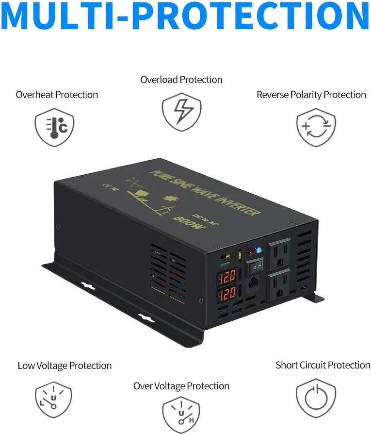 WZRELB 800W 12V 120V Pure Sine Wave Power Inverter with 2 AC Outlets Wired Remote Control (RBP-80012WR)