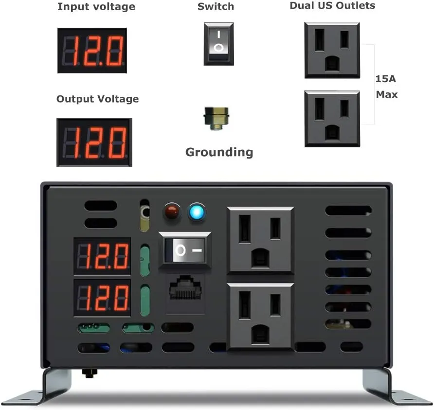 WZRELB 800W 12V 120V Pure Sine Wave Power Inverter with 2 AC Outlets Wired Remote Control (RBP-80012WR)