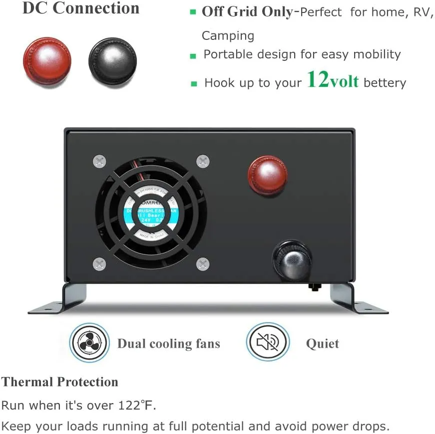 WZRELB 800W 12V 120V Pure Sine Wave Power Inverter with 2 AC Outlets Wired Remote Control (RBP-80012WR)