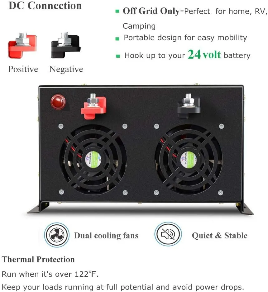 WZRELB Pure Sine Wave 6000W (10000W Surge) 24VDC 120VAC Power Inverter - Solar, RV (RBP-600024S)