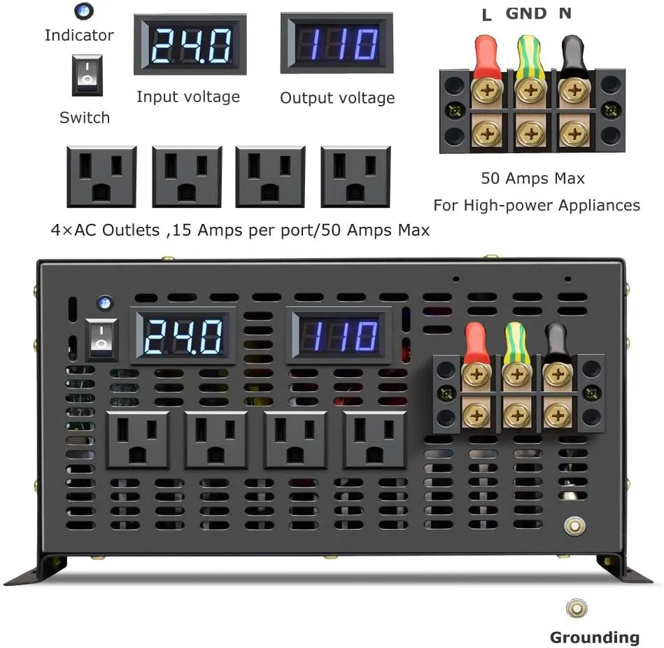 WZRELB Pure Sine Wave 6000W (10000W Surge) 24VDC 120VAC Power Inverter - Solar, RV (RBP-600024S)