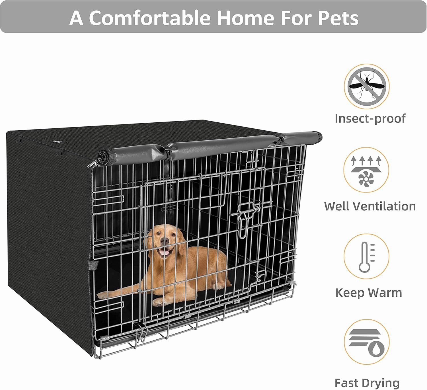 X-ZONE PET Double Door Dog Crate Cover - Polyester Pet Kennel Cover (Fits 24 30 36 42 48 inches Wire Crate) (42 Inch, Black)