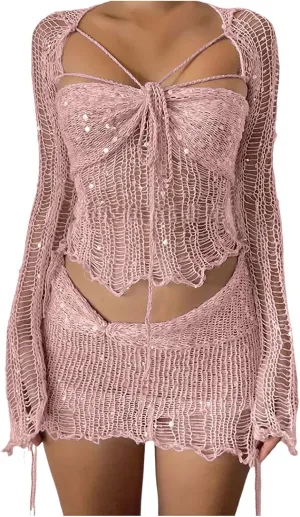 Y2K Crochet Kit Sets for Women Skirt and Top Set Sequin Sparkly Clothes Rave Sexy Going Out Outfits Knit Club Suits