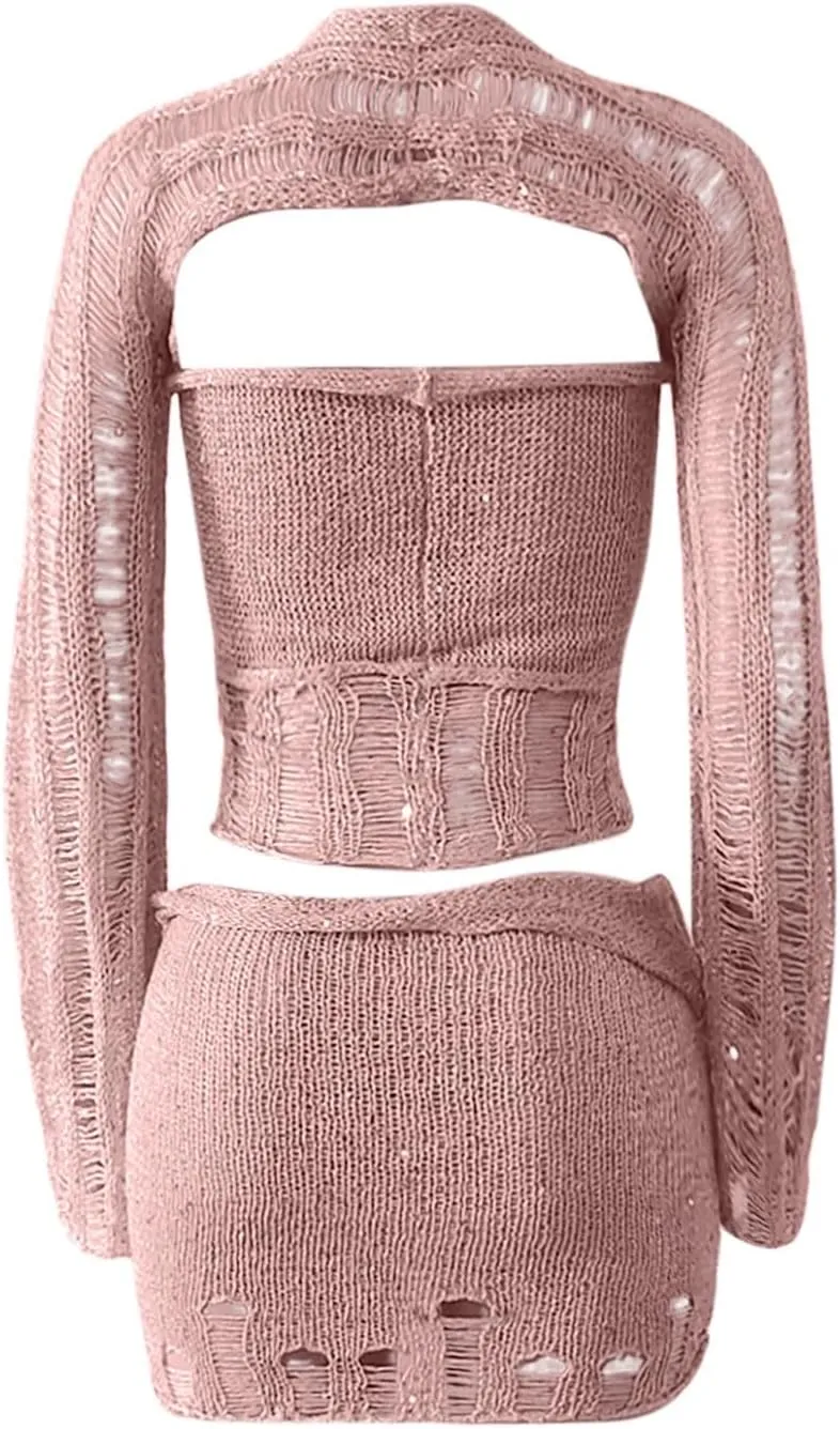 Y2K Crochet Kit Sets for Women Skirt and Top Set Sequin Sparkly Clothes Rave Sexy Going Out Outfits Knit Club Suits