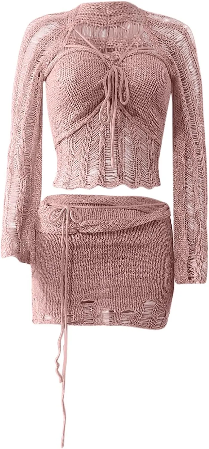 Y2K Crochet Kit Sets for Women Skirt and Top Set Sequin Sparkly Clothes Rave Sexy Going Out Outfits Knit Club Suits