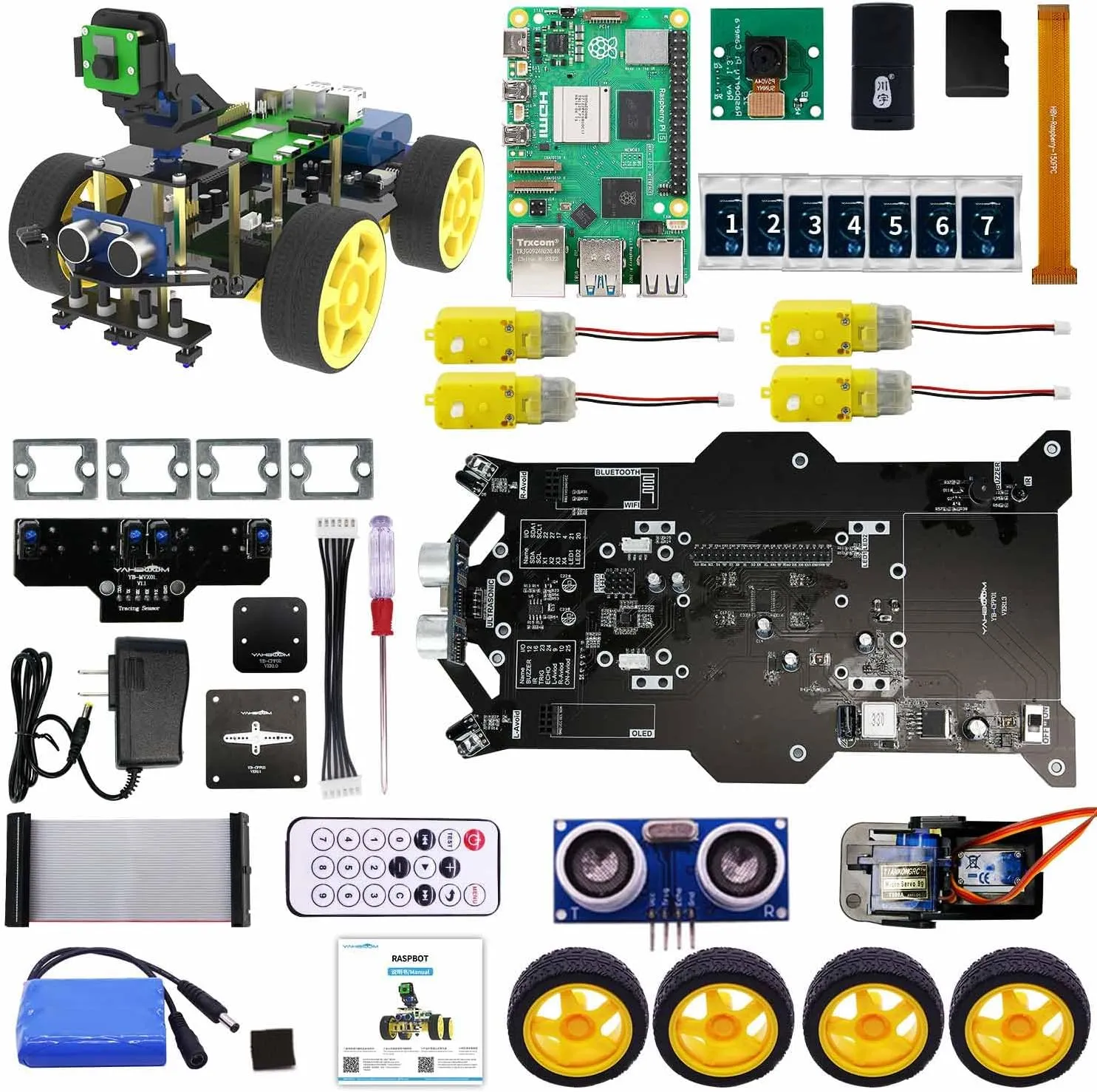Yahboom 4WD Robot with Raspberry Pi 5 DIY Car Kit with Camera Ultrasonic Sensor etc,Python Programming Electronic AI Robotic Kit for Teens(Raspbot with Raspberry Pi 5 4GB)