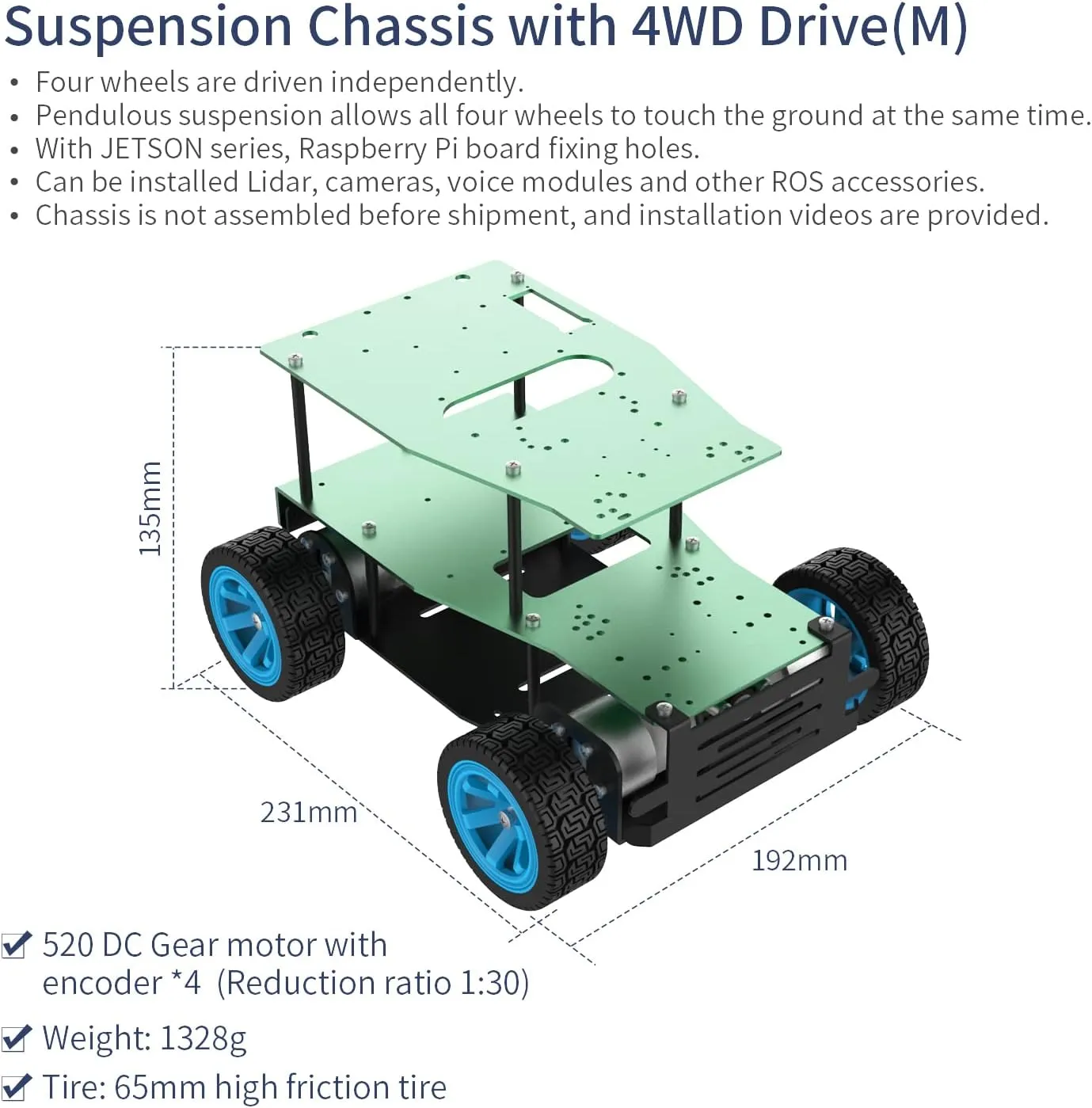 Yahboom Robot Metal Kits Suspension 4WD Frame with 12V 520 DC Motors Smart Car for School Eduactional Science (Suspension with 4WD Drive(M))