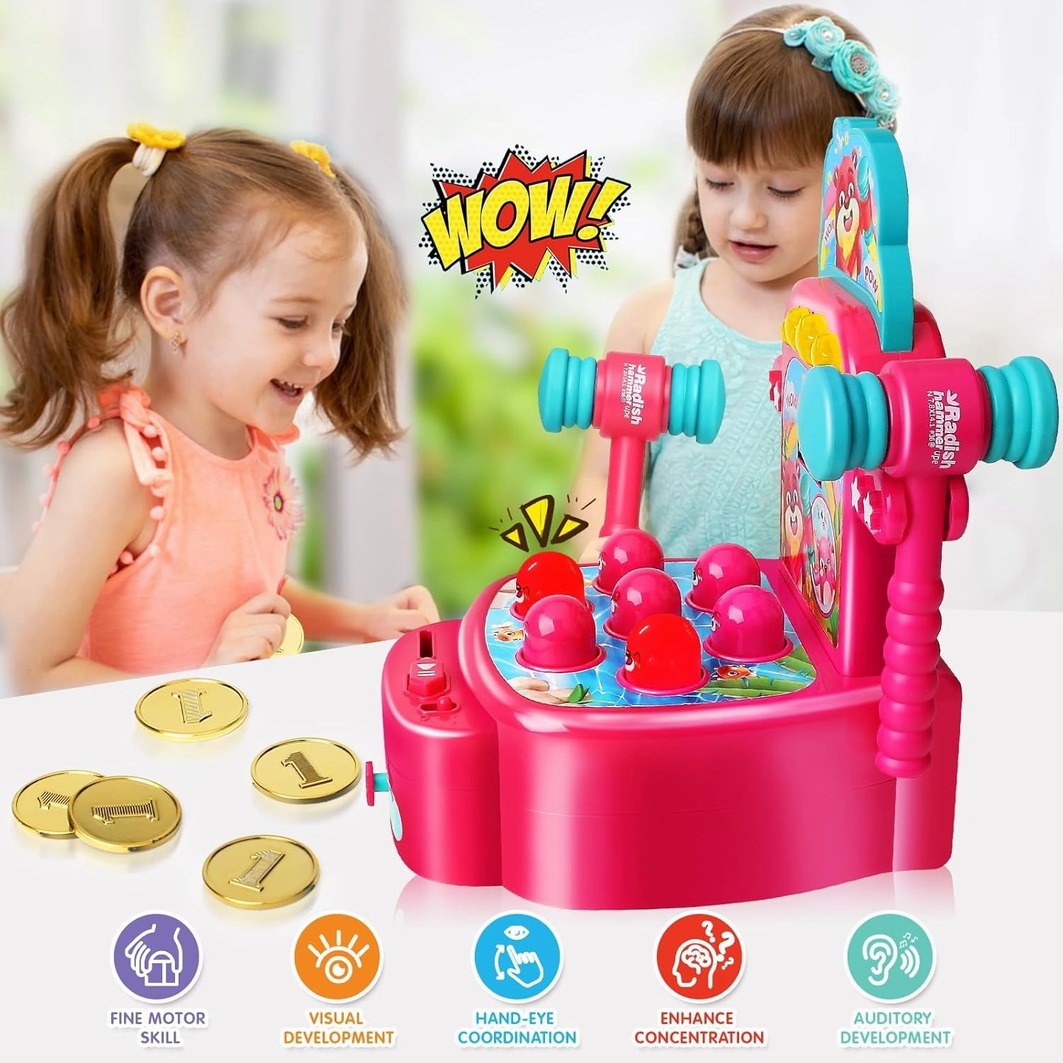Yerloa Whack Game for Toddlers 2 3 4 5 Year Old Boy Girl Kids Easter Birthday Gift, Toys for Ages 2-4 4-6 Learning Interactive Educational Cause and Effect Toys with 2 Hammers, Music & Light