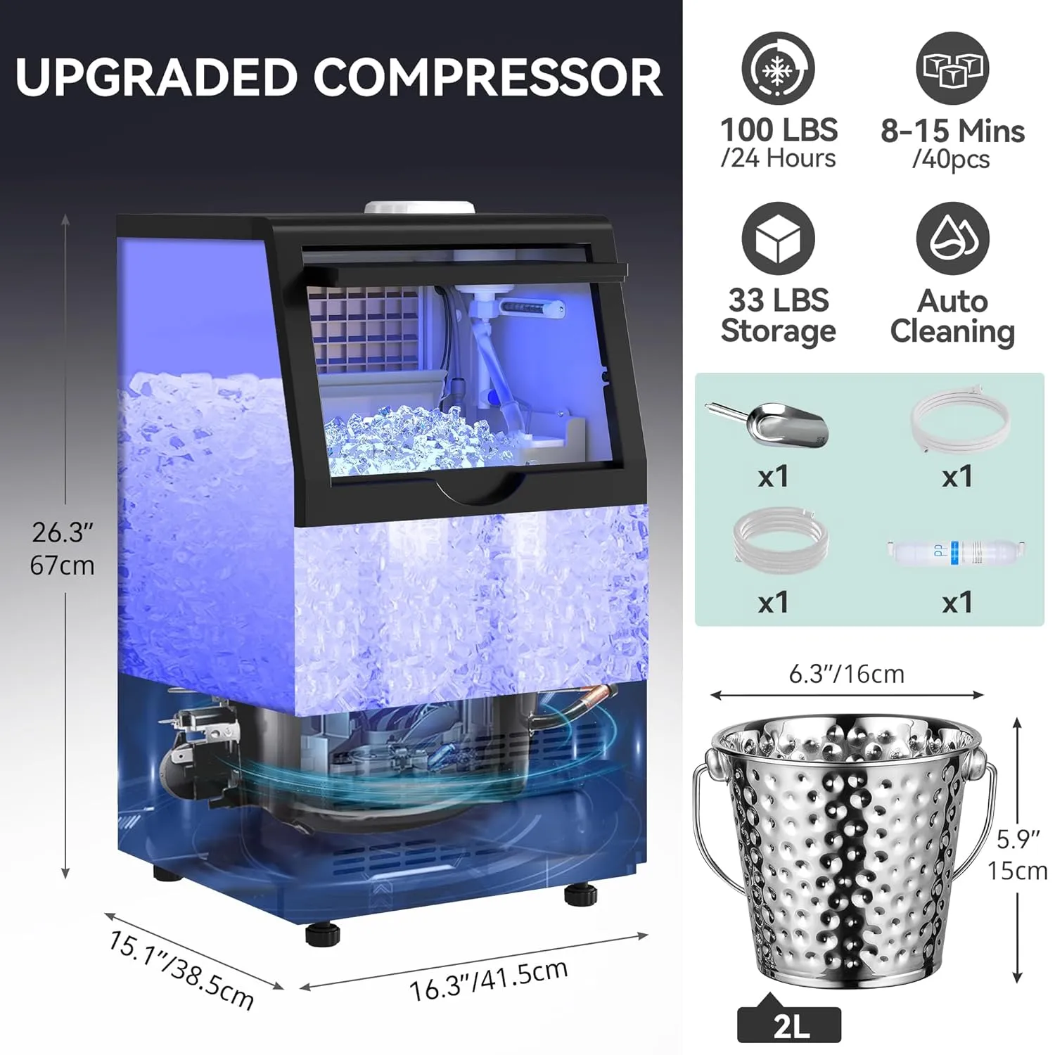 YITAHOME Black 100LBS Commercial Ice Maker Machine with 33LBS Storage Bin, 2 Way Water Inlet, Stainless Steel Freestanding Ice Maker Under Counter with Ice Scoop, Ice Bucket for Home Bar Office Party